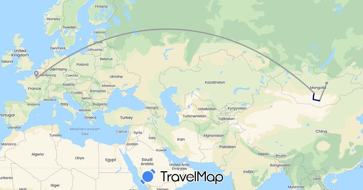 TravelMap itinerary: driving, plane in France, Mongolia (Asia, Europe)